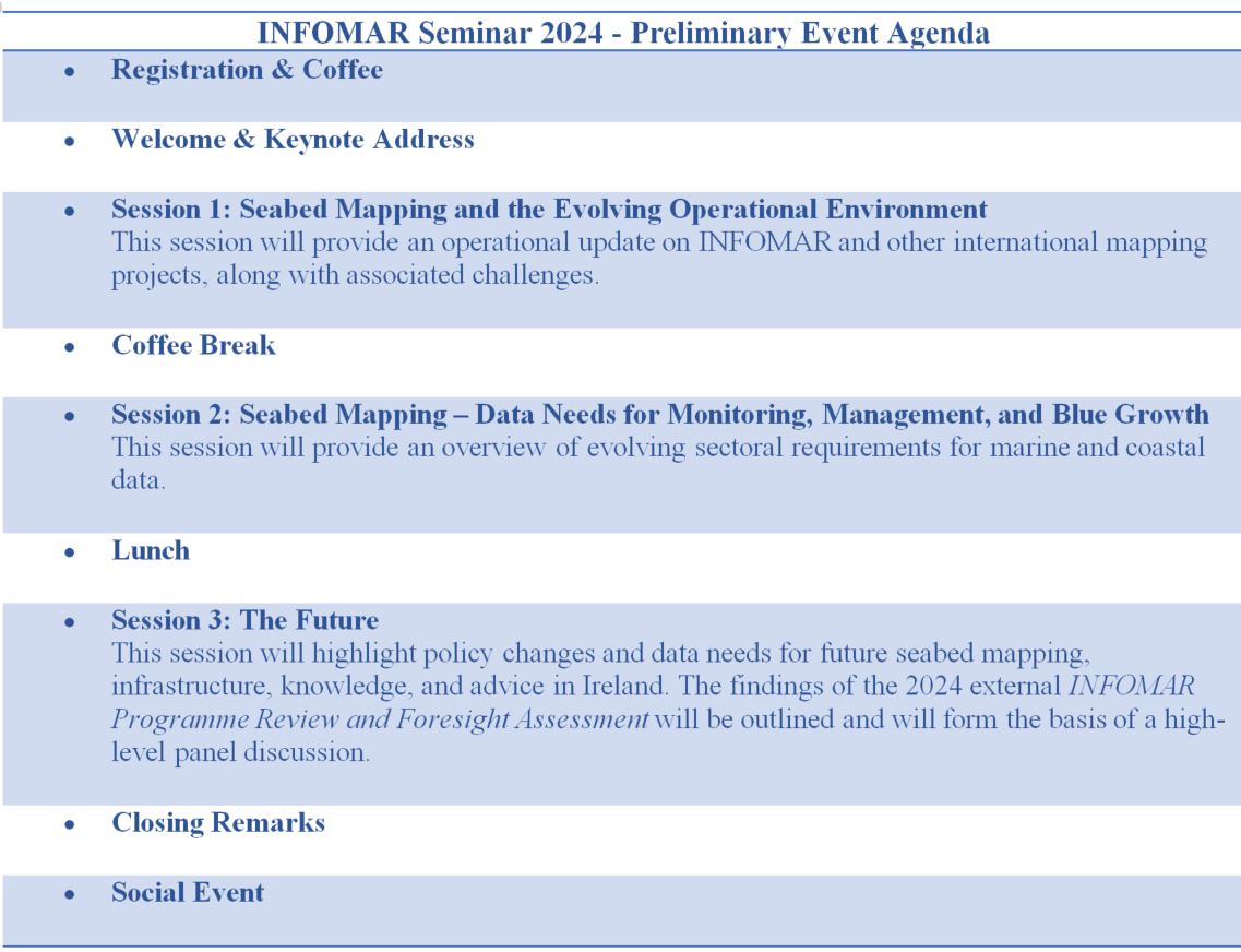 Save the date! Join us for #INFOMAR 2024 - Nov 28th at Beggars Bush, #Dublin. Get updates on Ireland's National #SeabedMapping Programme, and hear discussions on the evolving needs for #marinedata across key sectors. Stay tuned for more.

@Dept_ECC  <a href="/GeolSurvIE/">Geological Survey IE</a>  <a href="/MarineInst/">Marine Institute</a>