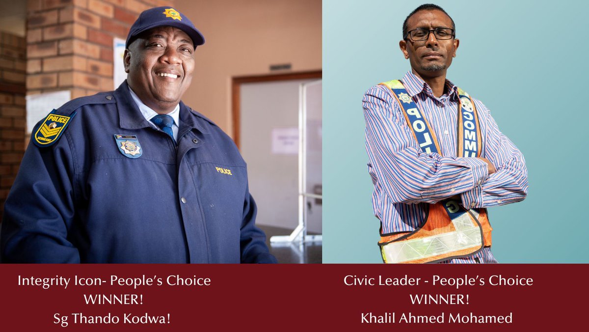 #ALSA friends! We’re thrilled to announce our People’s Choice Award winners for Integrity Icon &amp; Civic Leaders! 

Congrats to Sgt. Thando Kodwa from Eastern Cape &amp; Khalil Mahomed, our Civic Leader winner! Thanks to everyone who nominated, voted, &amp; supported the camapign!