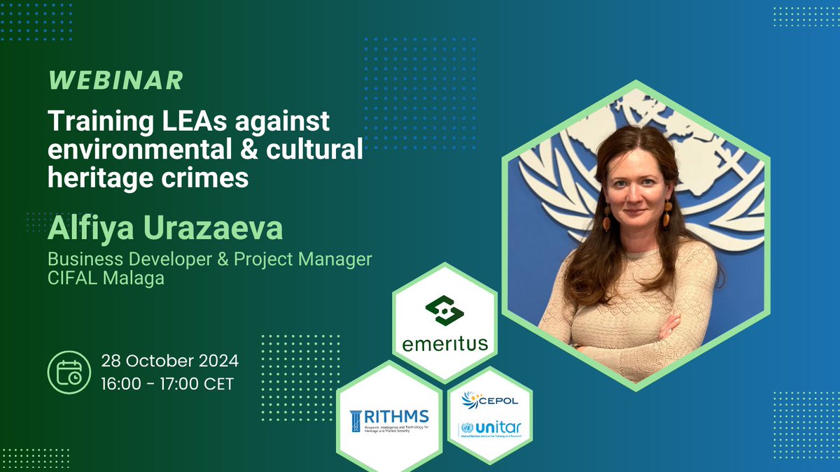 emeritus_EU's tweet image. 🎙️Meet the speaker: Alfiya Urazaeva, Business Developer &amp;amp; Project Manager at @CifalMalaga, part of @UNITAR, and contributor to @emeritus_EU, where she has developed training programs for #LEAs on #EnvironmentalCrime investigation. 🔗Register now: ow.ly/giRS50TE9uB
#webinar