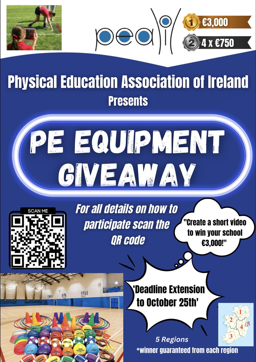 ⚠️ Attention PEAI members!📢 Did you know that by simply submitting a short 2-4 minute video capturing the meaningful difference PE makes in your school before the midterm break starts on Friday 25th October 🗓, your school could win up to €3,000 worth of PE equipment 📽 (1/2)