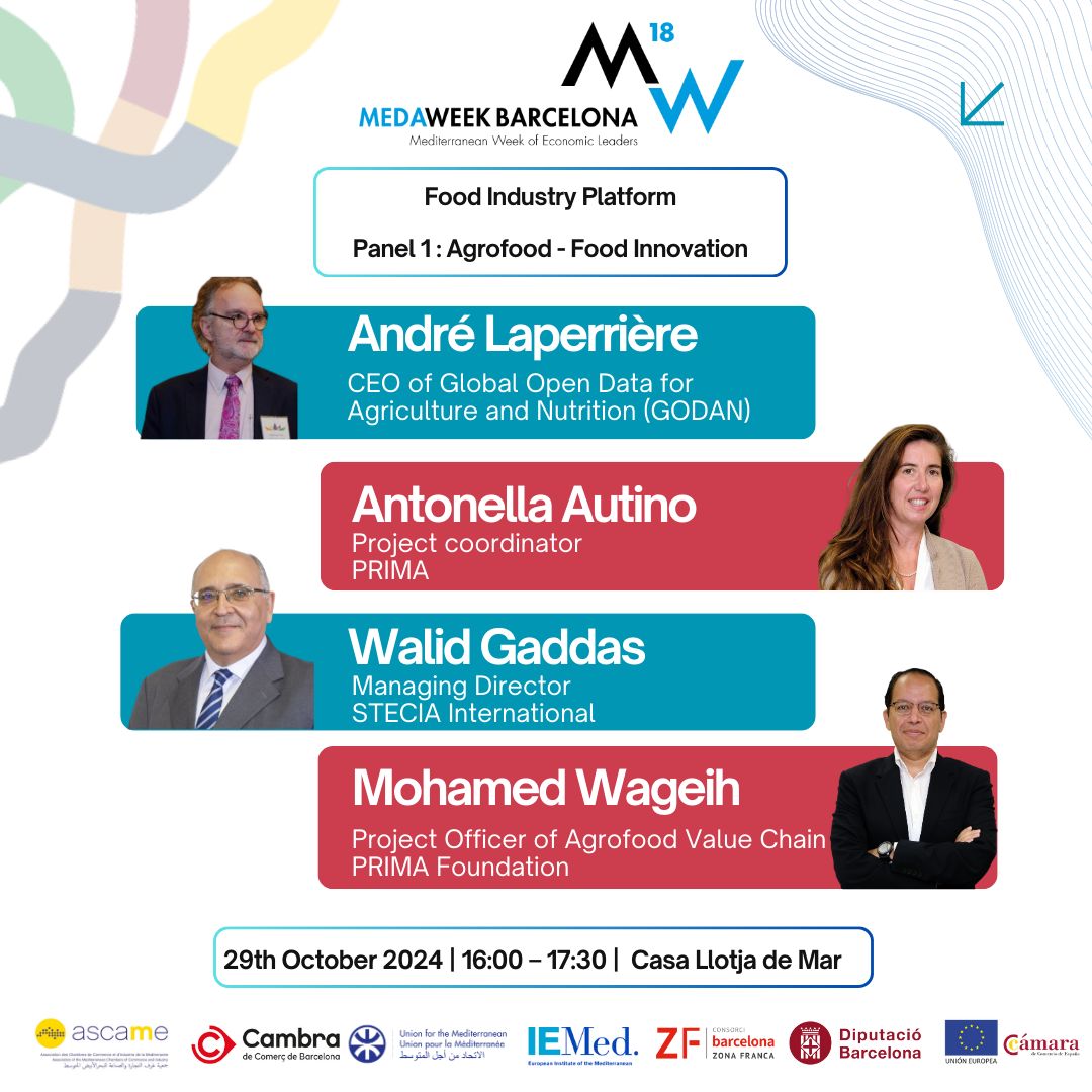 PrimaProgram's tweet photo. 🌟 PRIMA will be at ASCAMEE´s #MEDAWEEK BARCELONA 2024, represented by Antonella Autino and Mohamed Wageih. 

📍 Save the date for the ‘Mediterranean Food Industry Platform’ on October 29th from 4 PM to 5:30 PM at Casa Llotja de Mar in Barcelona.

👉 https://t.co/Xf2RvZpNUO https://t.co/HjF5ieK5nJ