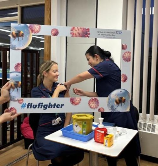 UHMBT_OccHealth's tweet photo. Still need your #fluvaccine &amp; based at RLI @UHMBT come down to the canteen where our jabbers will be vaccinating 7am-7pm #BeeVaccinated #Beeprotected 🐝 https://t.co/1sZFnGs4il