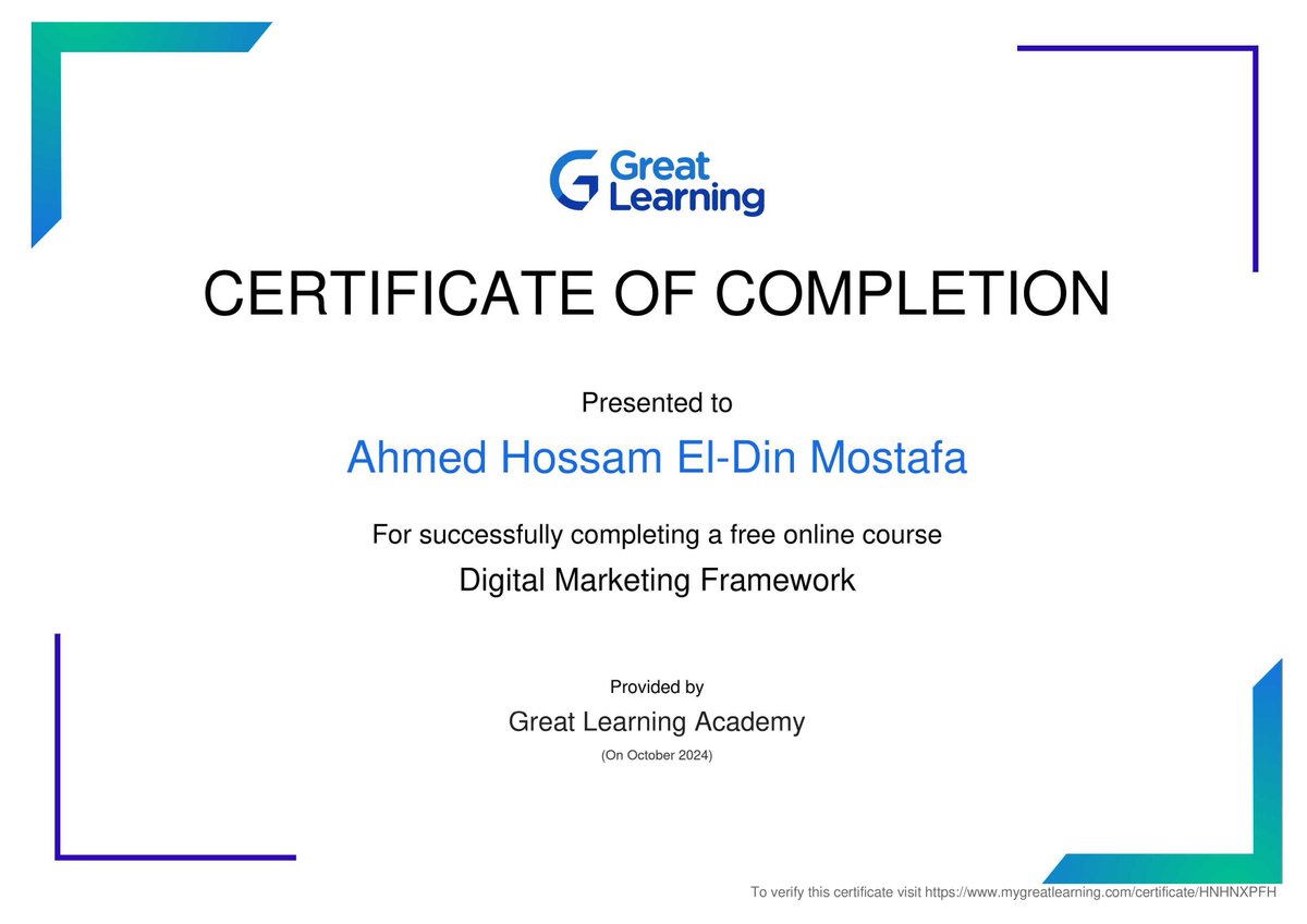AhmedHo12222106's tweet image. Hi all, 
I have successfully completed the &quot;Digital Marketing Framework&quot; course offered by Great Learning Academy. 
#GreatLearningAcademy #greatlearning #glacertificate