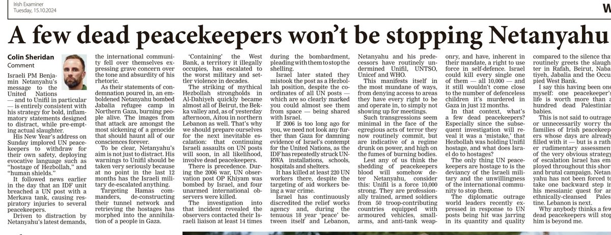 colinivan's tweet photo. In the context of 20,000 dead children in Gaza, what’s a few dead peacekeepers to Netanyahu? The only thing those UN peacekeepers are hostage to is the deviancy of the Israeli military and the unwillingness of the international community to stop them. In todays @irishexaminer https://t.co/pDIGVaQOWw