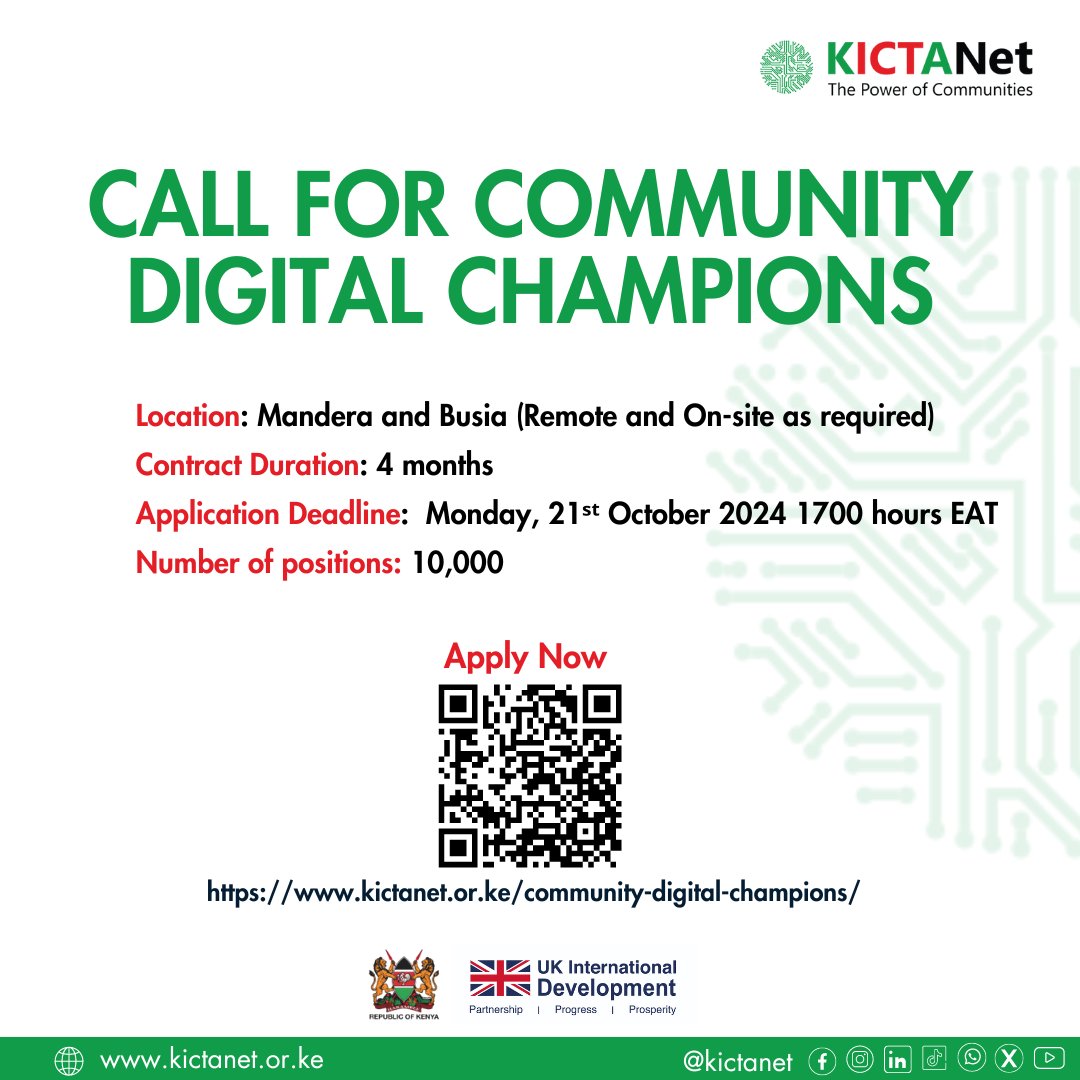 KICTANet's tweet image. MANDERA: Call for Community Digital Champions in Mandera to help cascade Foundational Digital Skills to the community level.  🔗 Apply now  kictanet.or.ke/community-digi…

#DigitalChampions #DigitalSkills #DigitalInclusion #EmpowerCommunities