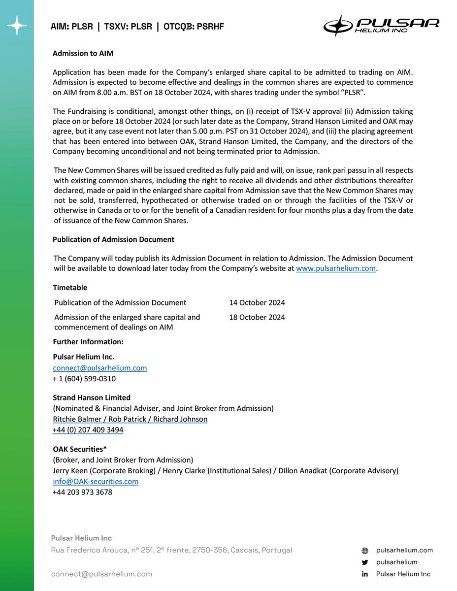 Pulsar Helium (TSXV: PLSR) tweet media