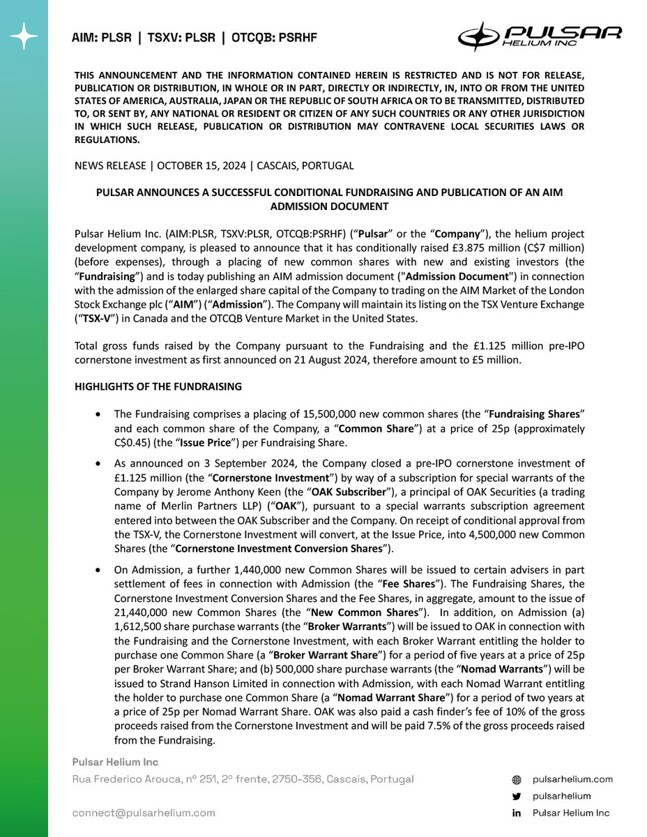 Pulsar Helium (TSXV: PLSR) tweet media