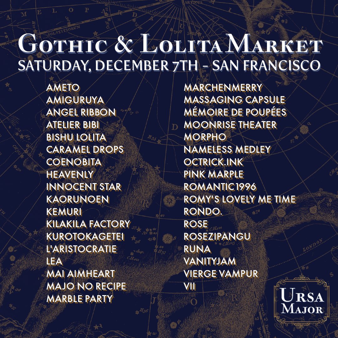 bayareakei's tweet photo. Announcing the Gothic &amp; Lolita Market vendors! ✨🐻✨

The @Goth_LoliMarket San Francisco Pop-Up will take place on Saturday, December 7th, from 12 PM - 6 PM.

Check out our site to learn more about each participating vendor: https://t.co/HCNsfU6RpW https://t.co/M3LQmWEJv9