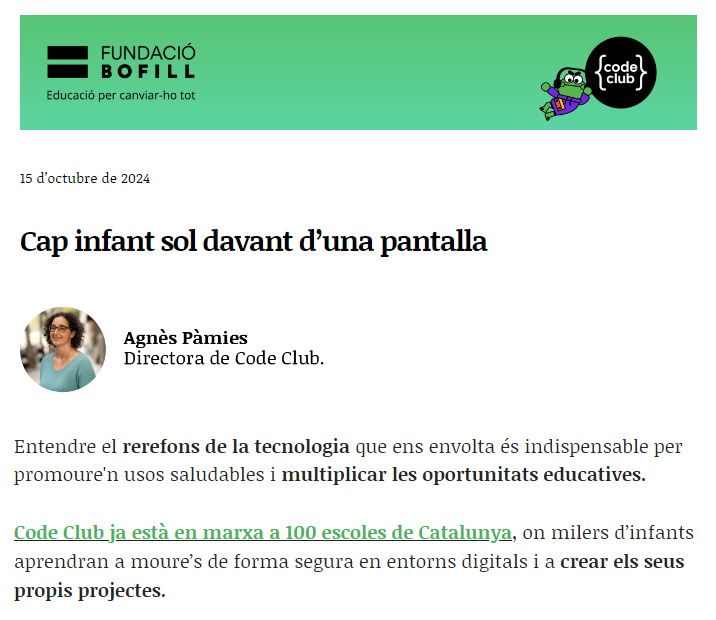 equitatorg's tweet photo. Cap infant sol davant d’una pantalla: Ens ajudes a impulsar les oportunitats digitals?
#CodeClub està en marxa a 100 escoles de Catalunya, on milers d’infants desenvoluparan els seus propis projectes digitals. #ProgramemOportunitats👩🏼💻
📩Per @agpamies: https://t.co/fuAv6TGBr6 https://t.co/1fMNN4dDkm
