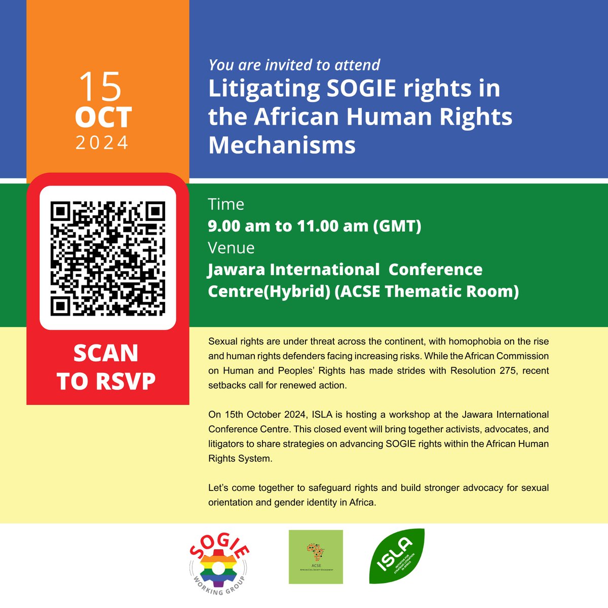 (HAPPENING TODAY: JOIN IN PERSON OR VIRTUALLY)

Join us on the sidelines of the 81st Ordinary Session of the African Commission on Human and Peoples’ Rights (ACHPR81st) for Litigating SOGIE rights in the African Human Rights Mechanisms

docs.google.com/forms/d/e/1FAI…
