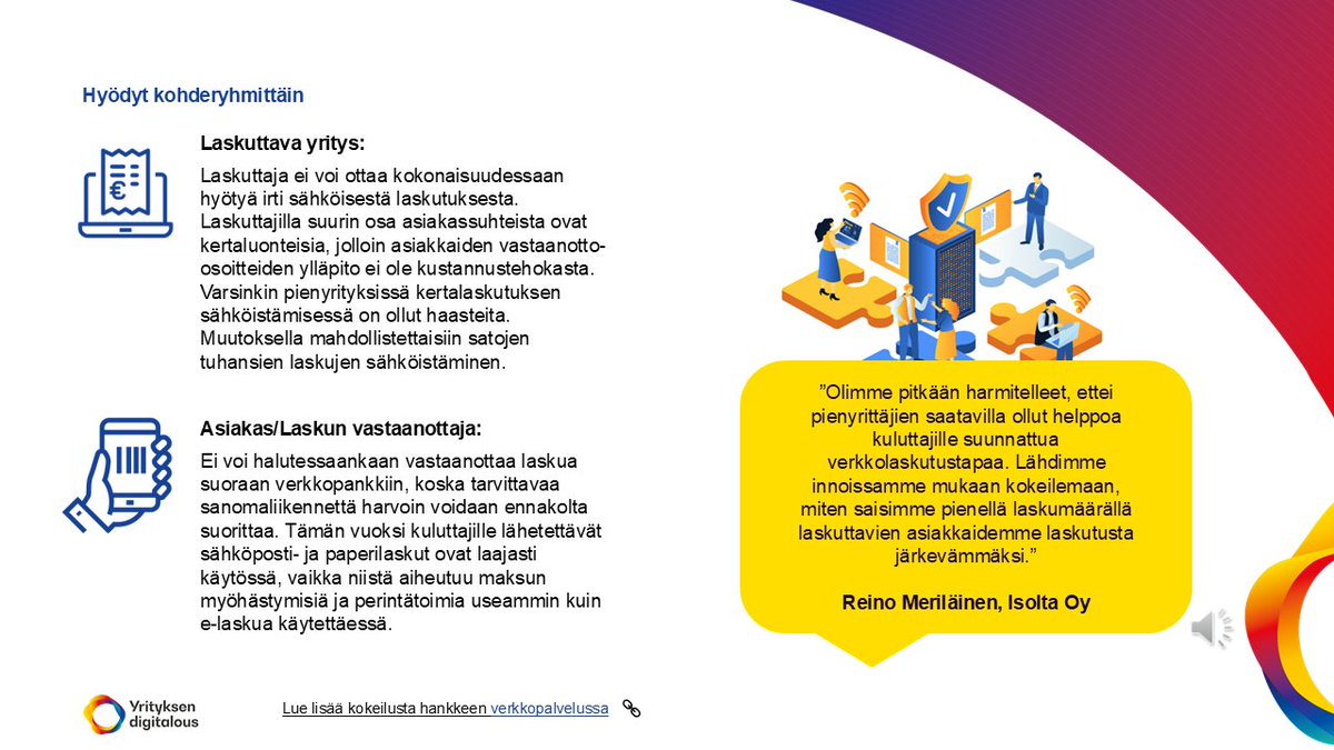 Kertalaskutus verkkolaskutuksessa – uusia ratkaisuja kuluttajan laskutukseen 💼📲
Katso kuvista Kertalaskutus verkkolaskutuksessa PoCin tarkemmat tulokset, opit, miten tuloksia viedään eteenpäin ja hyödyt eri kohderyhmille! 👇
#YrityksenDigitalous #Verkkolaskutus