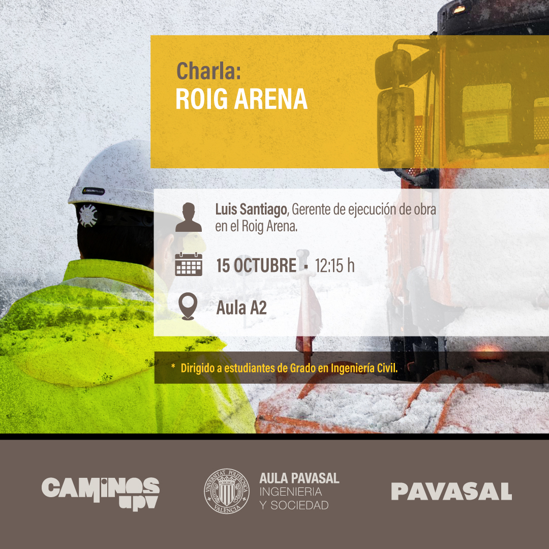 CaminosUPV's tweet photo. 🔵 | CHARLA
👉 @pavasal ofrece la charla “Roig Arena” a estudiantes de grado en Ingeniería Civil. El ponente que la imparte es Luis Santiago, gerente de ejecución de obra en el Roig Arena.
📅 HOY, 15 de octubre
⏰ 12:15h
📍Aula A2
#AulaPAVASAL https://t.co/JcCoSDI19X