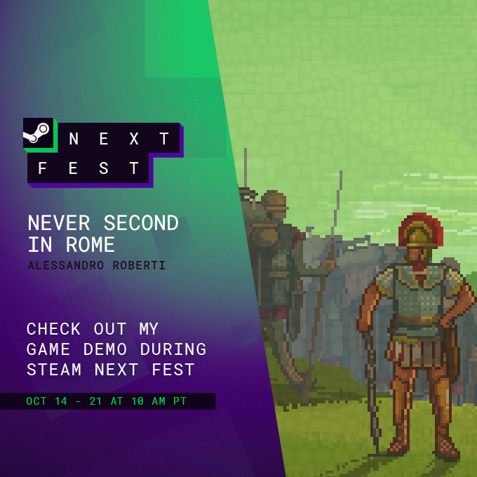 Never Second in Rome has joined #SteamNextFest! It is a good excuse as any to check out the demo and wishlist the game if you haven't done so already.
store.steampowered.com/app/3169580/Ne…