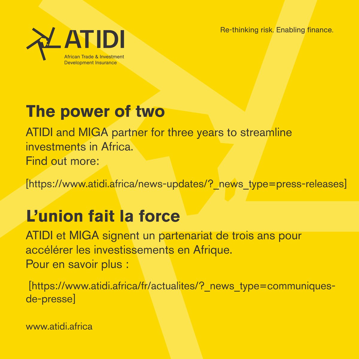 ATIDI - African Trade & Investment Dev. Insurance (@ati_aca) on Twitter photo #ATIDI and <a href="/MIGA/">MIGA</a>  have just signed a new three-year agreement to build on our successful partnership!
This collaboration will focus on measuring progress and results, plus launching joint marketing initiatives to enhance our cooperation and uncover new investment opportunities. #ATIDI and <a href="/MIGA/">MIGA</a>  have just signed a new three-year agreement to build on our successful partnership!
This collaboration will focus on measuring progress and results, plus launching joint marketing initiatives to enhance our cooperation and uncover new investment opportunities.