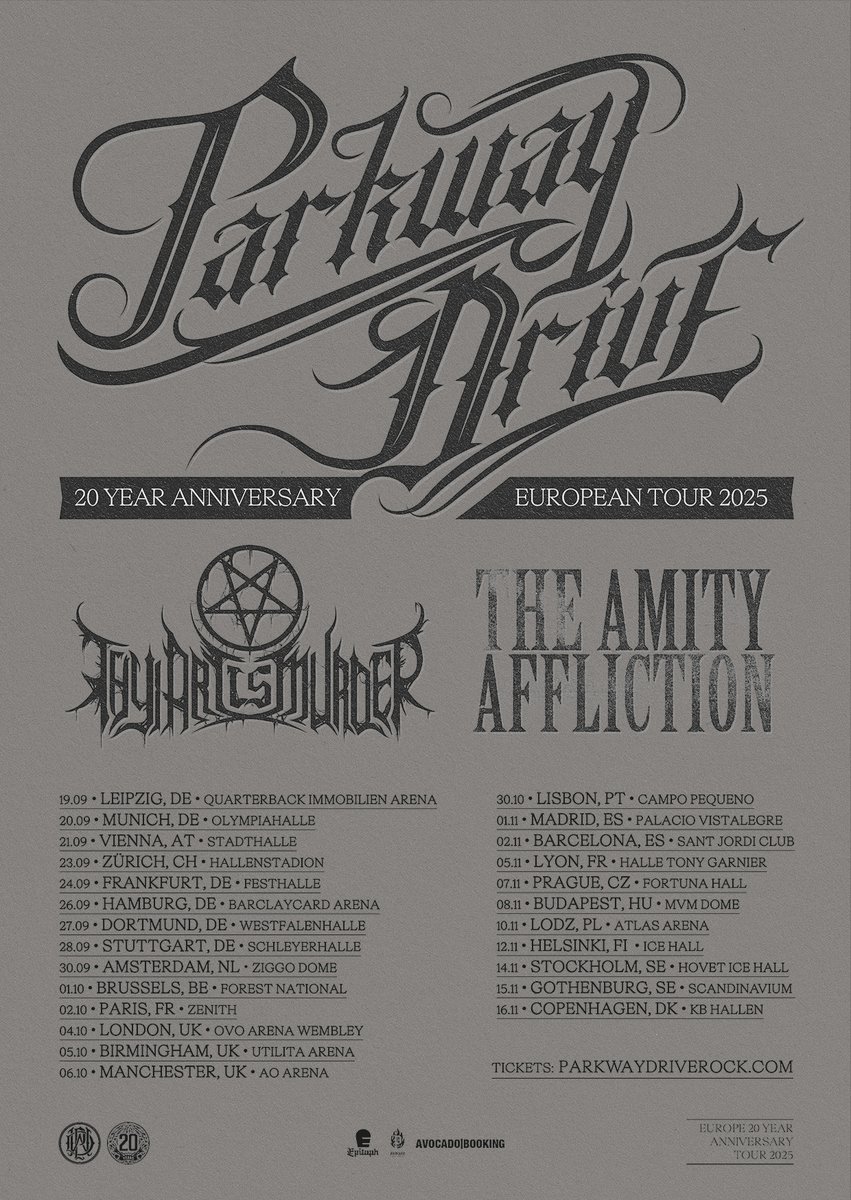 Avocado Booking (@avocadobooking) on Twitter photo Announcing the <a href="/parkwayofficial/">Parkway Drive</a> 20 Years Anniversary European Tour 2025! Pre-sale Wednesday 16th/General Friday 18th October. Tickets: parkwaydriverock.com Announcing the <a href="/parkwayofficial/">Parkway Drive</a> 20 Years Anniversary European Tour 2025! Pre-sale Wednesday 16th/General Friday 18th October. Tickets: parkwaydriverock.com
