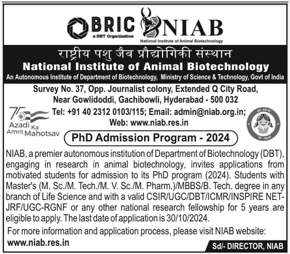 HydNiab's tweet photo. Exciting news! 🎓BRIC-NIAB is now accepting applications for its PhD program. Motivated students, don't miss this opportunity! Apply by 30th October 2024. For more details, visit the NIAB website @ https://t.co/X3v4vc5TdQ #Hydniab #PhD
@DBTIndia
@rajesh_gokhale
@DrGTaruSharma https://t.co/RSmLwyGyOd