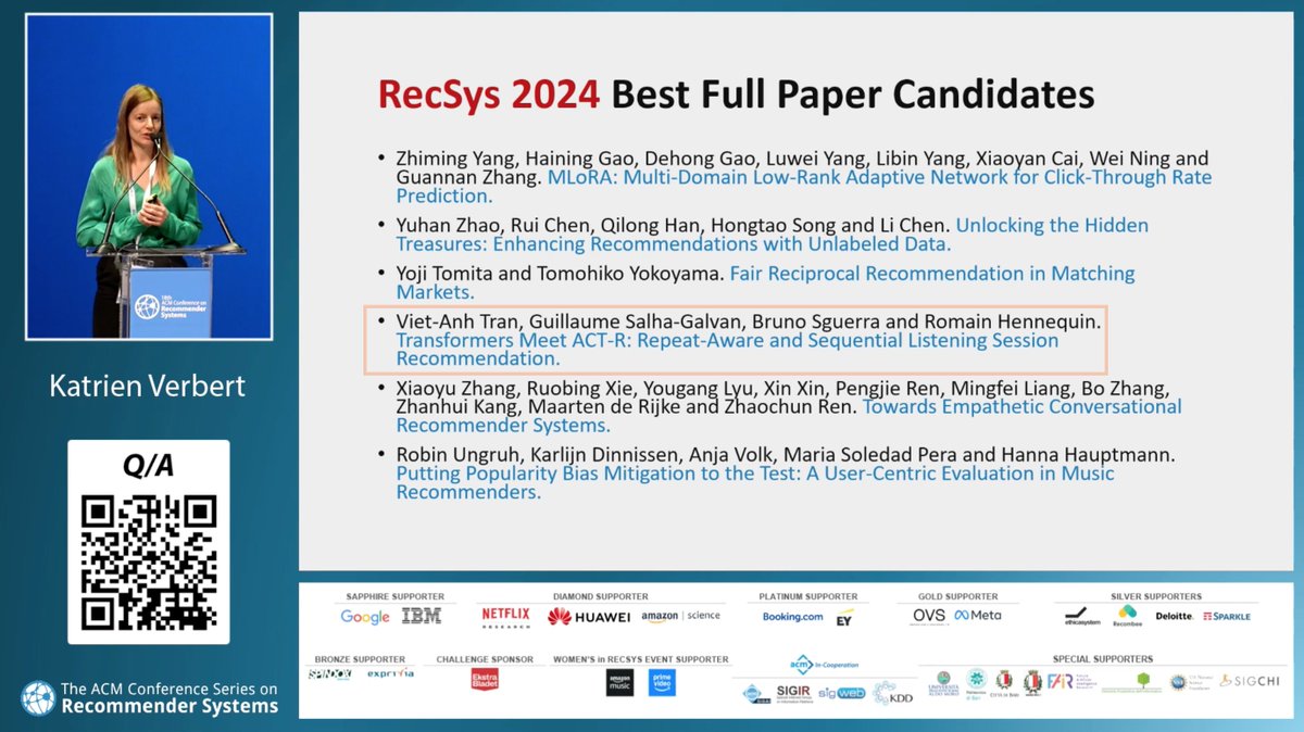 Exciting news 🥳🍾
I am honored to have been shortlisted, for the third time in my career, among the best paper candidates at the <a href="/ACMRecSys/">ACM RecSys</a> conference!

After nominations in 2020 and 2021, this time it’s at #RecSys2024 with Viet-Anh Tran, <a href="/bmsguerra/">Bruno Sguerra</a>, and <a href="/romainhennequi1/">romain hennequin</a>!

[1/3]