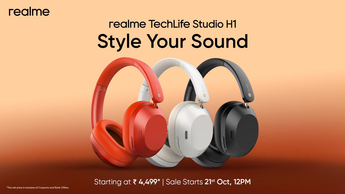 realmeIndia's tweet photo. The wait is over! #realmeTechLifeStudioH1 is officially here—unplug the world and tune into your favorite beats. It's time to #StyleYourSound like never before.
First Sale on 21st Oct, 12 Noon. Starting at ₹4,499*
Know more: https://t.co/VV84nO9qNi https://t.co/RPQCiGTCwm