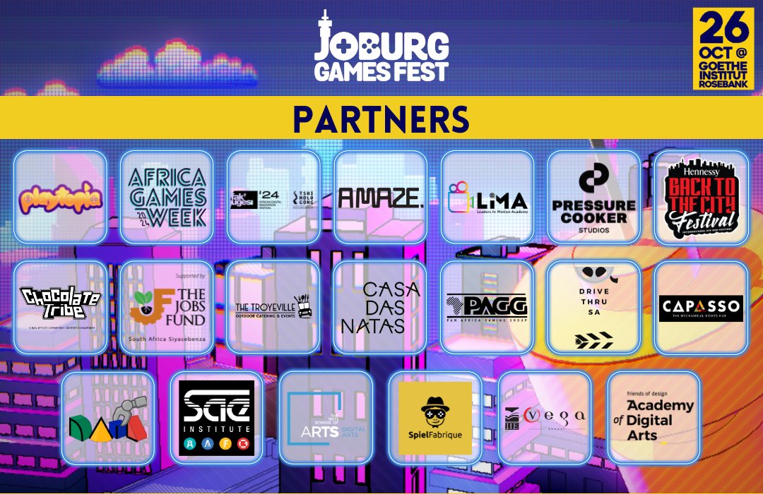 These are all our amazing partners who are helping us bring the fest to life! A massive thank you to all! 

#JoburgGamesFest