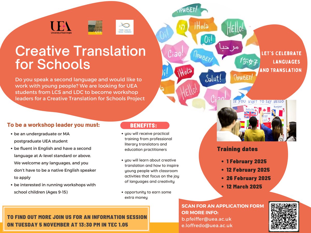 Languages @ UEA (@languages_uea) on Twitter photo Do you speak a second language and would like to work with young people? We are looking for students from LCS and LDC to become workshop leaders for the Creative Translation for Schools project! To find out more join the information session on 5 November at 1.30pm in TEC 1.05. Do you speak a second language and would like to work with young people? We are looking for students from LCS and LDC to become workshop leaders for the Creative Translation for Schools project! To find out more join the information session on 5 November at 1.30pm in TEC 1.05.