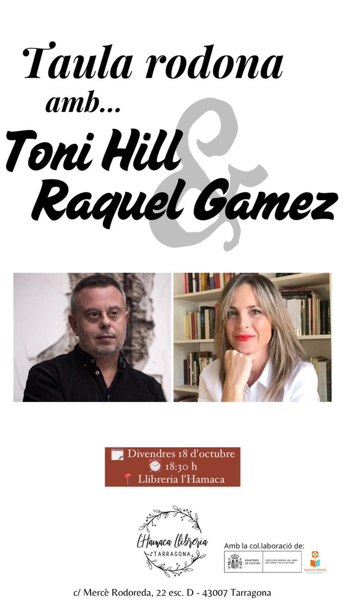 El pròxim divendres tindré el gran plaer de coincidir amb el company <a href="/tonih_hill/">Toni Hill</a> per parlar de literatura i de gènere negre, moderats per la periodista cultural <a href="/brisa0709/">Mònica</a> . Serà a la @llibrerialhamaca de Tarragona, amb la col·laboració del <a href="/MinisteriodeCu4/">Ministerio de Cultura</a> 
Us hi esperem!