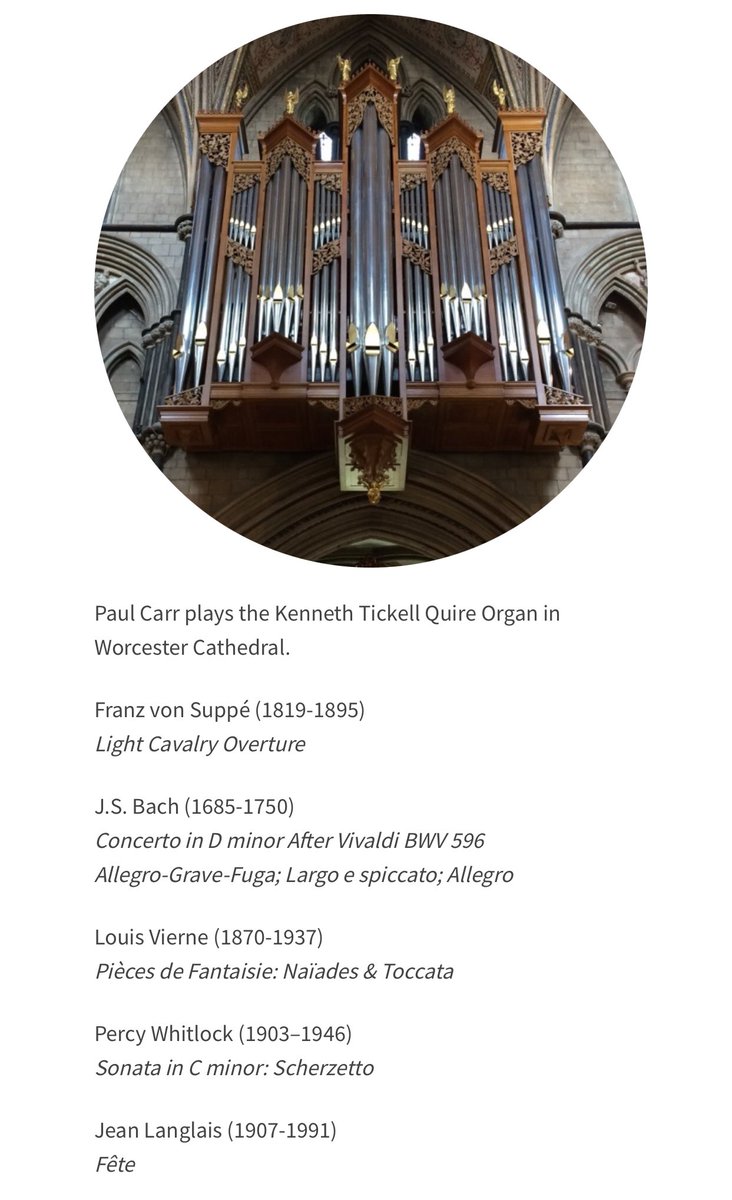 Paul Carr (now over on Bluesky) (@organistpaul) on Twitter photo Another week, another Thursday lunchtime recital… this time at <a href="/WorcCathedral/">Worcester Cathedral</a> on the Kenneth Tickell Quire Organ.
🔸Thursday 17 October 2024 at 12:15pm🔸
Music by Vierne, Langlais, Vivaldi Whitlock and Von Suppé
Admission free. Another week, another Thursday lunchtime recital… this time at <a href="/WorcCathedral/">Worcester Cathedral</a> on the Kenneth Tickell Quire Organ.
🔸Thursday 17 October 2024 at 12:15pm🔸
Music by Vierne, Langlais, Vivaldi Whitlock and Von Suppé
Admission free.