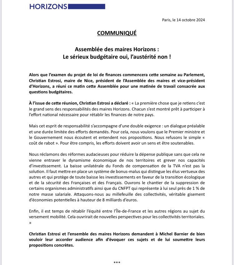 Merci à notre VP <a href="/cestrosi/">Christian Estrosi</a> d’avoir rassemblé l'Assemblée des Maires de <a href="/HorizonsLeParti/">Horizons</a> ! 👏

Ces réformes ambitieuses, qui visent à maîtriser la dépense publique, sont cruciales pour l'avenir de nos territoires ! 💪