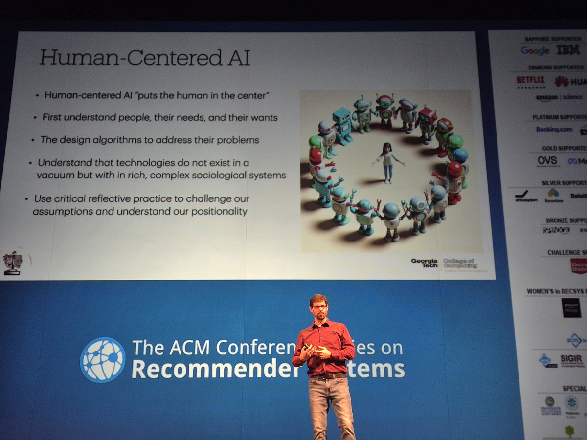 "Human Centered AI is *not* putting the human in a circle or robots" but also "humans are complex" 🤭  <a href="/mark_riedl/">Mark Riedl</a> invites us to reflect on the #human during his keynote at #RecSys2024