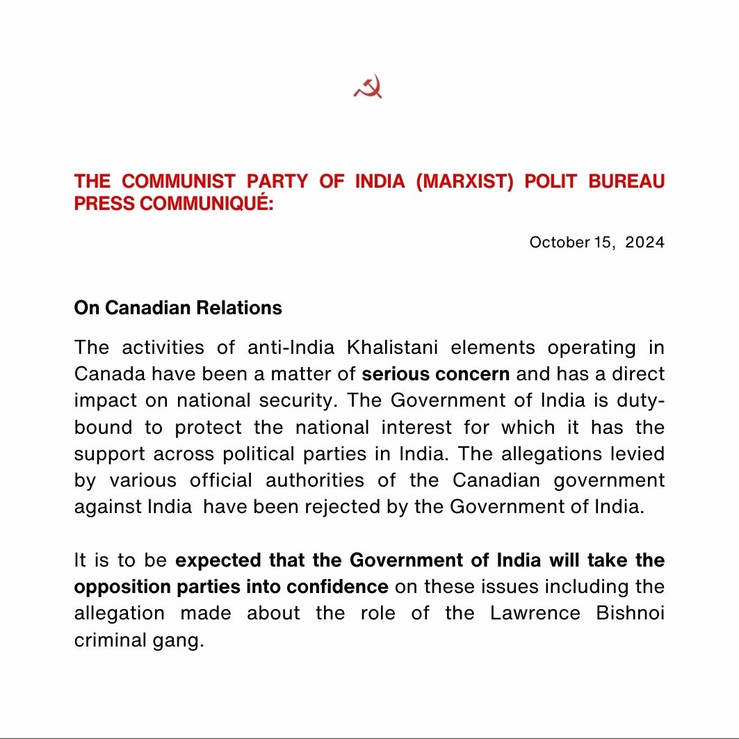 cpimspeak's tweet image. CPI(M) Polit Bureau on India-Canada relations