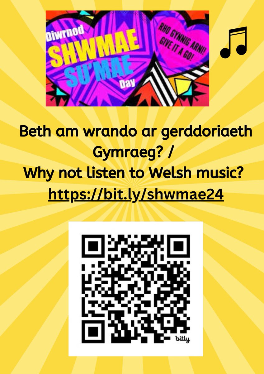 Dathlwch <a href="/DiwrnodShSumae/">Shwmae Su'mae Aber</a> gyda @LlandrilloMenai heddiw! Beth am wrando ar  gerddoriaeth Cymraeg? Cliciwch ar y QR cod! / Listen to Welsh music today...and everyday! We can't think of a better way to include more Welsh into your life. #shwmaesumae24 <a href="/colegcymraeg/">Coleg Cymraeg</a>