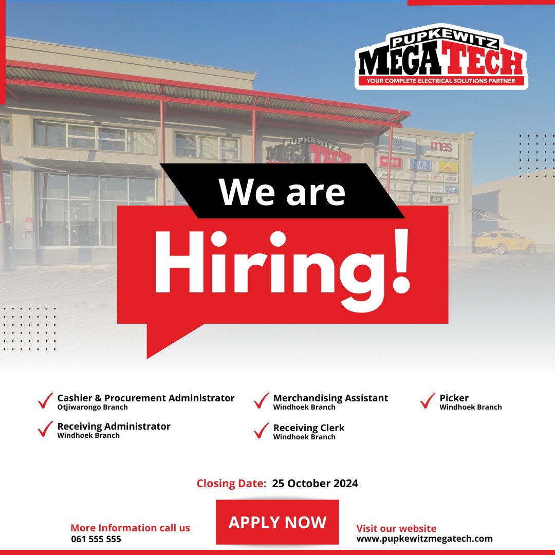 Pupkewitz Megatech is on the lookout for qualified candidates to fill these positions. 

Individuals who are suitably qualified and possess relevant experience for the positions should apply. For additional details about these roles, kindly visit our website and proceed with the