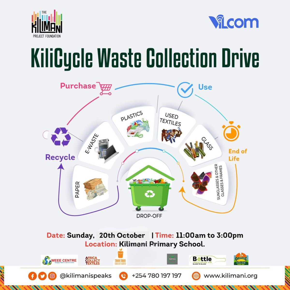 Give your recyclables a new life.  Join us next for our next recycling event :  

🗓️Date: Sunday, 20th October for  📍Location: Kilimani Primary School 
⏰Time: 11:00AM - 3:00PM