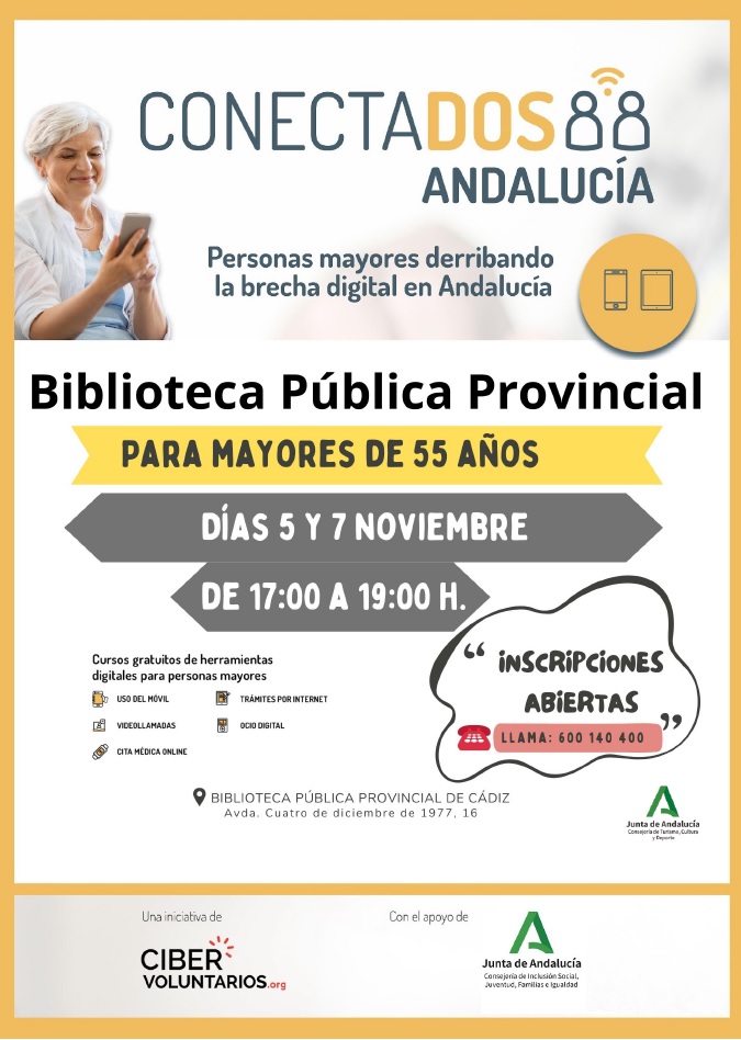 TALLER CONECTADOS  - PARA MAYORES DE 55
5 y 7 de noviembre de 17:00 a 19:00 h

Taller formativo para mayores de 55 para manejar sus  dispositivos móviles (Ocio, trámites por internet, cita médica… ) ✏️ Inscripciones llamando al 600 140 400