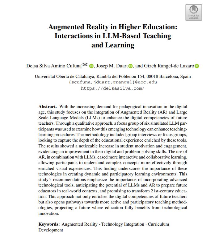 Edul@b Research Group (@edulabtic) on Twitter photo 🆕 #ARTICLE: "Augmented Reality in #HigherEducation: Interactions in LLM-Based Teaching and Learning"
🖋️By <a href="/AminoDelsa/">Delsa Silva Amino Cufuna</a>, <a href="/jduart/">Josep M Duart</a> and <a href="/gizehrdelazaro/">Dr. Gizeh Rangel-de Lazaro</a>
🏛️ #Edulab (<a href="/UOCpsicoedu/">UOC PsicoEdu</a>)
📖 More Information: link.springer.com/chapter/10.100…
#AugmentedReality #LLM #Education 🆕 #ARTICLE: "Augmented Reality in #HigherEducation: Interactions in LLM-Based Teaching and Learning"
🖋️By <a href="/AminoDelsa/">Delsa Silva Amino Cufuna</a>, <a href="/jduart/">Josep M Duart</a> and <a href="/gizehrdelazaro/">Dr. Gizeh Rangel-de Lazaro</a>
🏛️ #Edulab (<a href="/UOCpsicoedu/">UOC PsicoEdu</a>)
📖 More Information: link.springer.com/chapter/10.100…
#AugmentedReality #LLM #Education