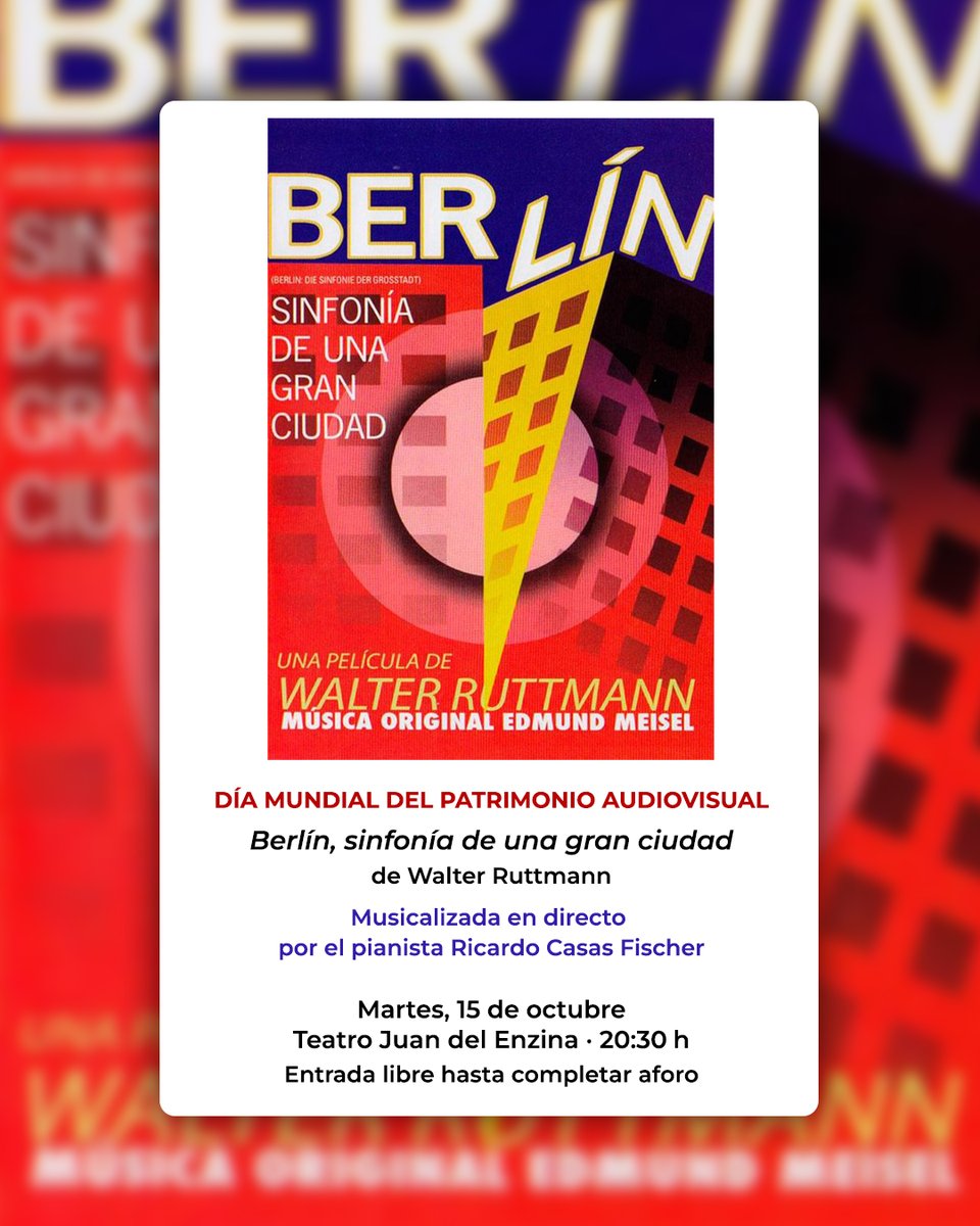 Hoy celebramos el #DíaMundialdelPatrimonioAudiovisual
con la obra maestra muda del expresionismo alemán 'Berlín, sinfonía de una gran ciudad', musicalizada en directo por el pianista Ricardo Casas en una composición inédita.
✨Una experiencia única e irrepetible