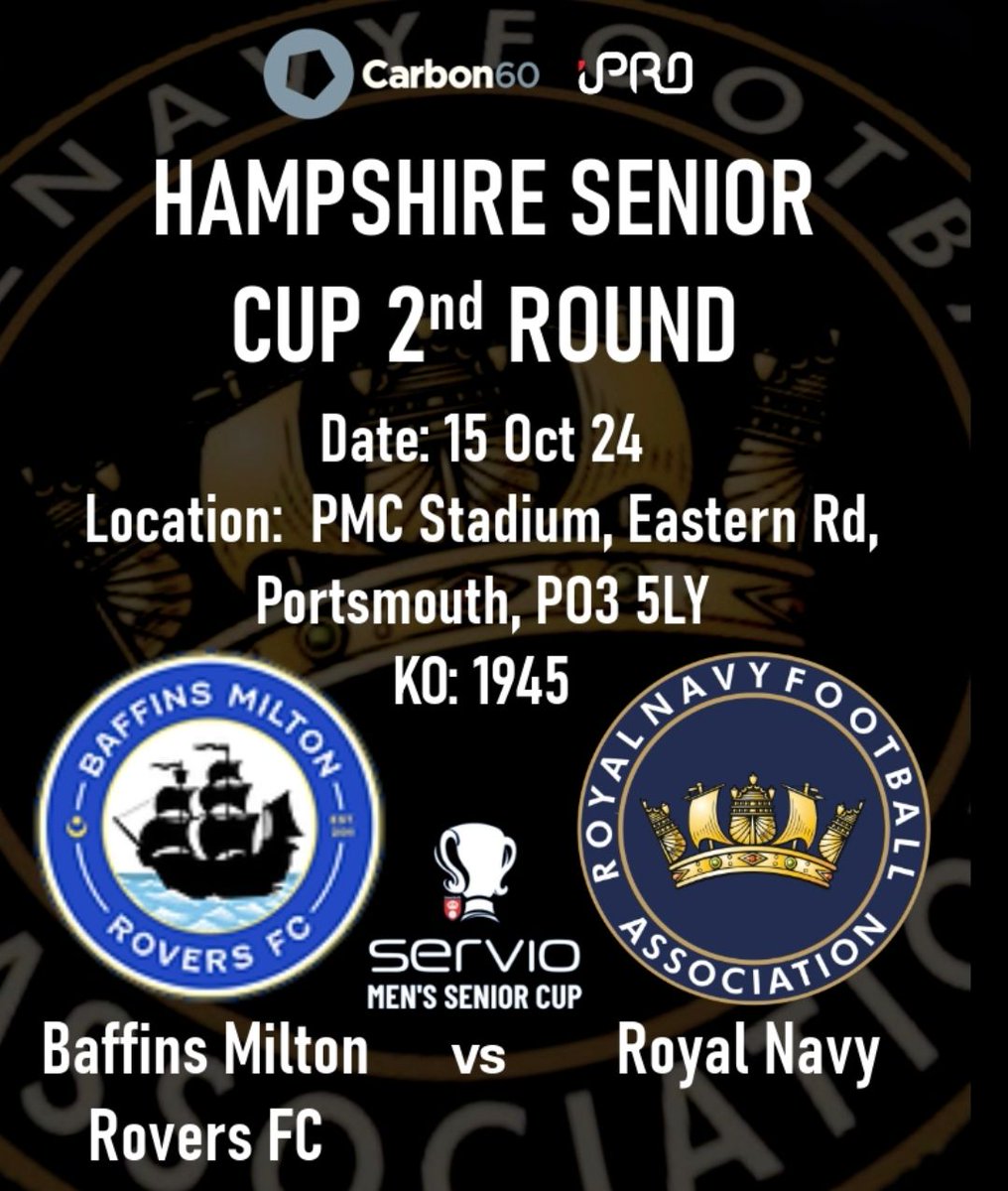 The RN Senior Men's Team is back in Hampshire Cup action tonight.

🆚 Baffins Milton Rovers FC <a href="/BMRFC/">Baffins Milton Rovers FC</a>
📅 Tuesday 15th October 
⏰ 19:45 KO
🏅 <a href="/HampshireFA/">Hampshire FA</a> Senior Cup - 2nd Round
🏟 PMC Stadium, Eastern Rd, Portsmouth.
🚗 PP3 5LY

<a href="/Carbon60global/">Carbon60</a> <a href="/iPROHydrate/">iPRO Hydrate</a>
<a href="/NAVYfit/">NAVYfit</a> ⚓️⚽️