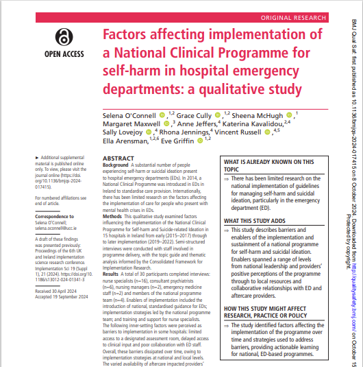 National Suicide Research Foundation (@nsrfireland) on Twitter photo (1/3) *New publication*
<a href="/OConnell_Selena/">Selena O Connell</a>, <a href="/grace_cully/">GraceCully</a>, Kat Kavalidou, Ella Arensman & <a href="/EveGrif/">Eve Griffin</a> are co-authors on a paper in <a href="/BMJ_Qual_Saf/">BMJ Quality & Safety</a>
▶️Perceived value of the programme & national leadership helped to advance implementation.
ℹ️tinyurl.com/3ctczu76
#ConnectingforLife (1/3) *New publication*
<a href="/OConnell_Selena/">Selena O Connell</a>, <a href="/grace_cully/">GraceCully</a>, Kat Kavalidou, Ella Arensman & <a href="/EveGrif/">Eve Griffin</a> are co-authors on a paper in <a href="/BMJ_Qual_Saf/">BMJ Quality & Safety</a>
▶️Perceived value of the programme & national leadership helped to advance implementation.
ℹ️tinyurl.com/3ctczu76
#ConnectingforLife