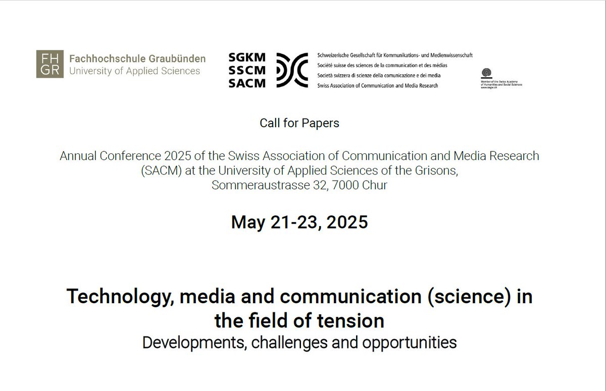 📢The Call for Papers for the upcoming <a href="/SGKM2025/">sgkm2025</a> conference @FH_Graubuenden is out:
"Technology, media and communication (science) in the field of tension"

Submit your abstract / panel proposal until
🗓️November 29

CfP 👉 fhgr.ch/fileadmin/even…