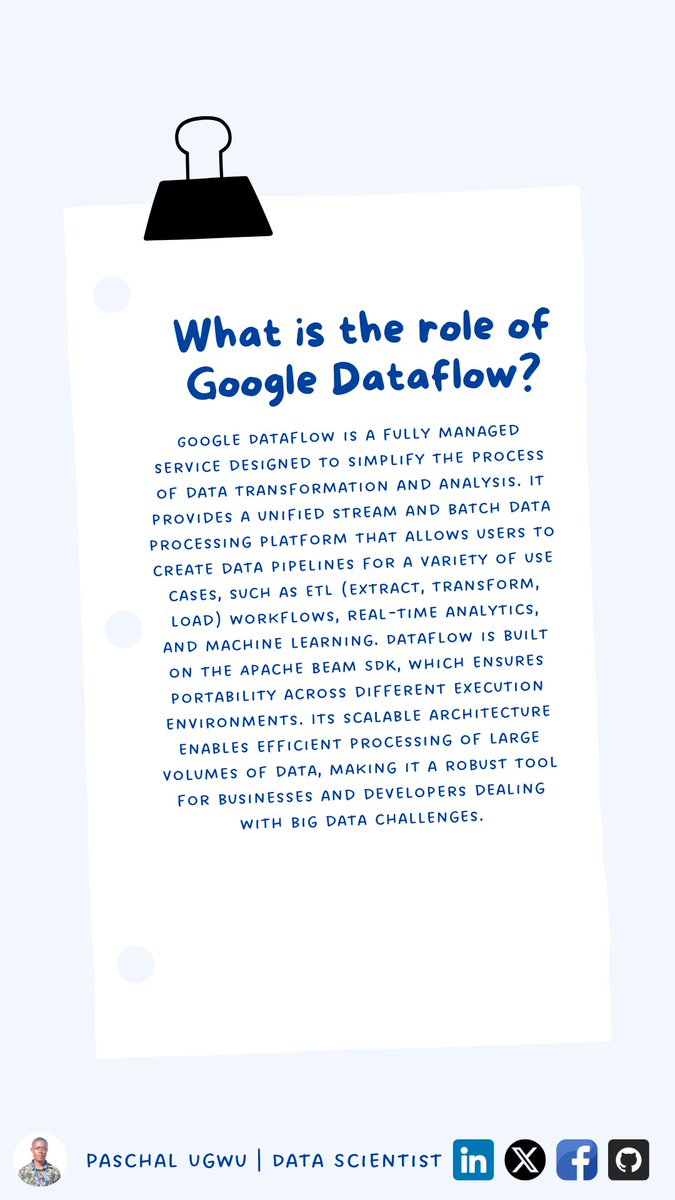 _paschalugwu's tweet image. Streamline your data processing with #GoogleDataflow, a unified batch and stream analytics platform. Perfect for ETL workflows, real-time analysis, and #MachineLearning. Built on Apache Beam for seamless execution. #BigData #DataEngineering #CloudComputing