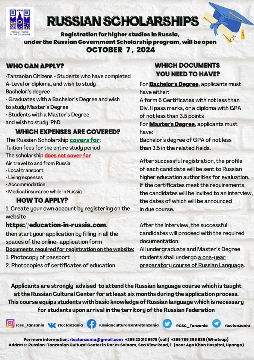 rusembtz's tweet image. 🎓 Registration for Studies in Russia under Russian Government Scholarship program 2025-2026 is OPEN❗️ 

HOW TO APPLY? 
Create your own account by registering on the website education-in-russia.com 

Application deadline: 15.01.2025

For more information: 
+255222136578/785356836