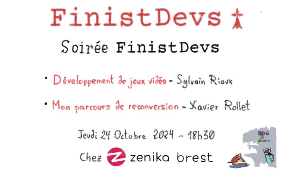🎮 Rejoignez-nous le 24 octobre chez <a href="/ZenikaBrest/">Zenika Brest</a> pour la prochaine soirée <a href="/FinistDevs/">FinistDevs</a> !🎮

Avec Sylvain Rioux sur le #GameDev et <a href="/XavierRollet/">Xavier Rollet</a> qui partage son parcours de reconversion en dev.

Inscrivez-vous ici : meetup.com/finistdevs/eve…