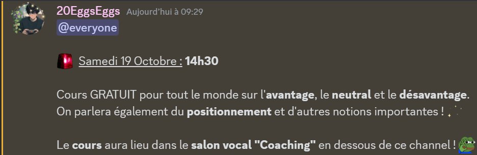 🗓️ COACHING GRATUIT 📌

J'organise une session coaching communautaire le Samedi 19 Octobre à 14h30 ! 💥

Cela se passera sur mon Discord, n'hésitez pas à nous rejoindre ! 🎓

🛬discord.gg/4uU9k6TNJ6 ✈️