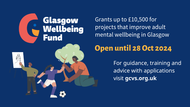 ⏰Applications to the #GlasgowWellbeingFund must be submitted by Monday, 28 October 2024 at 10am, but sooner is great too! Please visit our website for full fund guidance, helpful links and FAQs bit.ly/3XQsvod