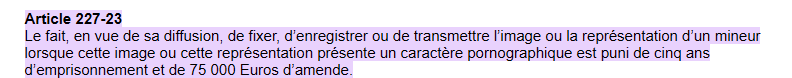 TOUTES les représentations d'enfants, y compris fictives sont illégales en France. C'est littéralement inscrit dans le code pénal. 
Les propos de <a href="/dazjdm/">Daz.</a> sont incompréhensibles.