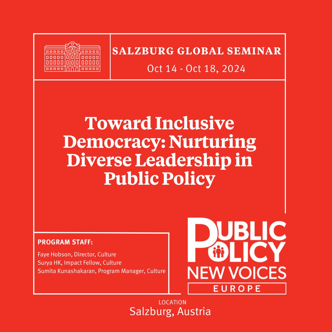 SalzburgGlobal's tweet photo. Our latest program, Toward Inclusive Democracy: Nurturing Diverse Leadership in Public Policy, has just begun! 🌟

This program is dedicated to empowering diverse leaders to shape public policy in Europe, fostering equity, and upholding democratic values.

#SalzburgGlobal #PPNV https://t.co/ypCUoNXDVp