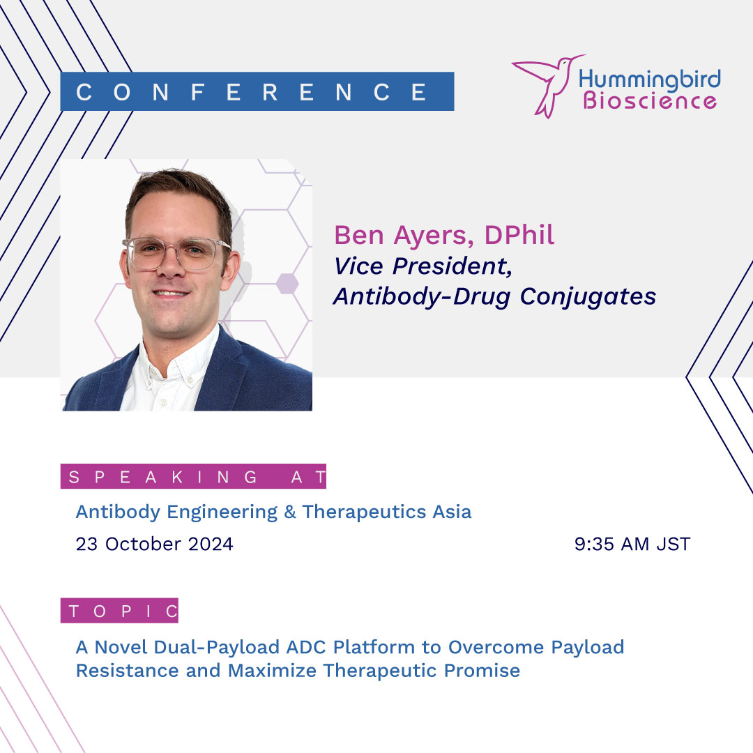 Hummingbird Bioscience (@hummingbirdbio) on Twitter photo Ben Ayers, VP of Antibody-Drug Conjugates at Hummingbird Bioscience, will be presenting our novel dual-payload technologies at Antibody Engineering & Therapeutics Asia. <a href="/AntibodyEngIC/">Antibody Engineering</a> #adc #drugresistance #biotech Ben Ayers, VP of Antibody-Drug Conjugates at Hummingbird Bioscience, will be presenting our novel dual-payload technologies at Antibody Engineering & Therapeutics Asia. <a href="/AntibodyEngIC/">Antibody Engineering</a> #adc #drugresistance #biotech