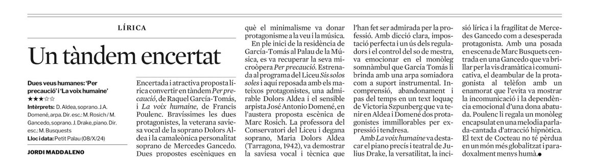 .#Crítica: Dues veus humanes
 “Per precaució” i “La voix
humaine” primer concert inici residència de <a href="/RaquelGTomas/">Raquel García-Tomás</a> al <a href="/palaumusicacat/">Palau de la Música Catalana</a> i #debut <a href="/Marc_Busquets/">Marc Busquets</a> dir. art. <a href="/LIFEVictoriaBcn/">LIFE Victoria BCN</a> com a dir. esc.
#òpera #Poulenc #PetitPalau 
<a href="/LaVanguardia/">La Vanguardia</a> ⭐️⭐️⭐️