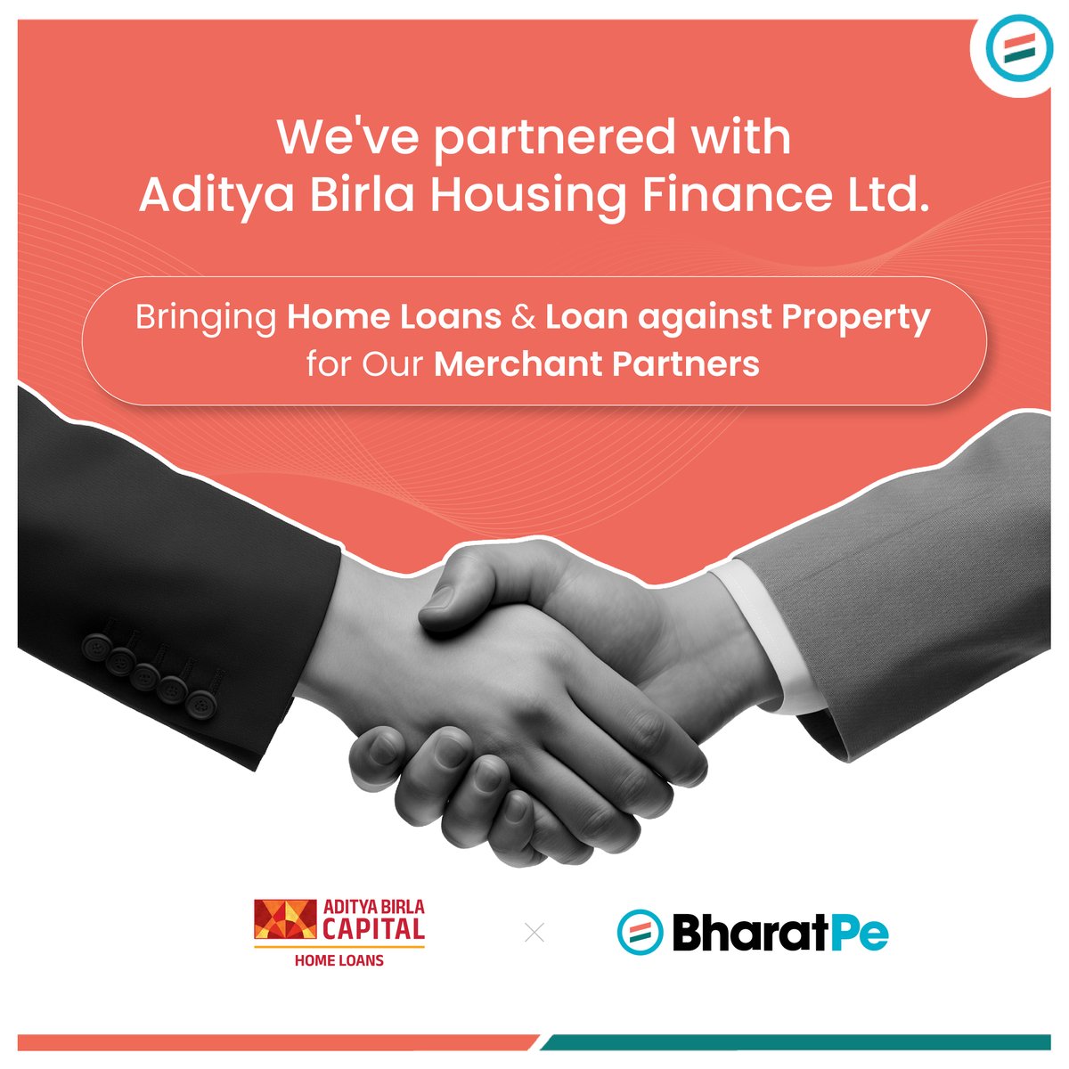 We’ve partnered with Aditya Birla Housing Finance <a href="/abhousingfin/">ABC - Aditya Birla Housing Finance</a> to offer Home Loans &amp; Loan Against Property for BharatPe merchants! 🙌

Merchants can apply through the BharatPe app with faster processing &amp; real-time updates.

#BharatPe #MerchantFirst #growth #empowerment #loans