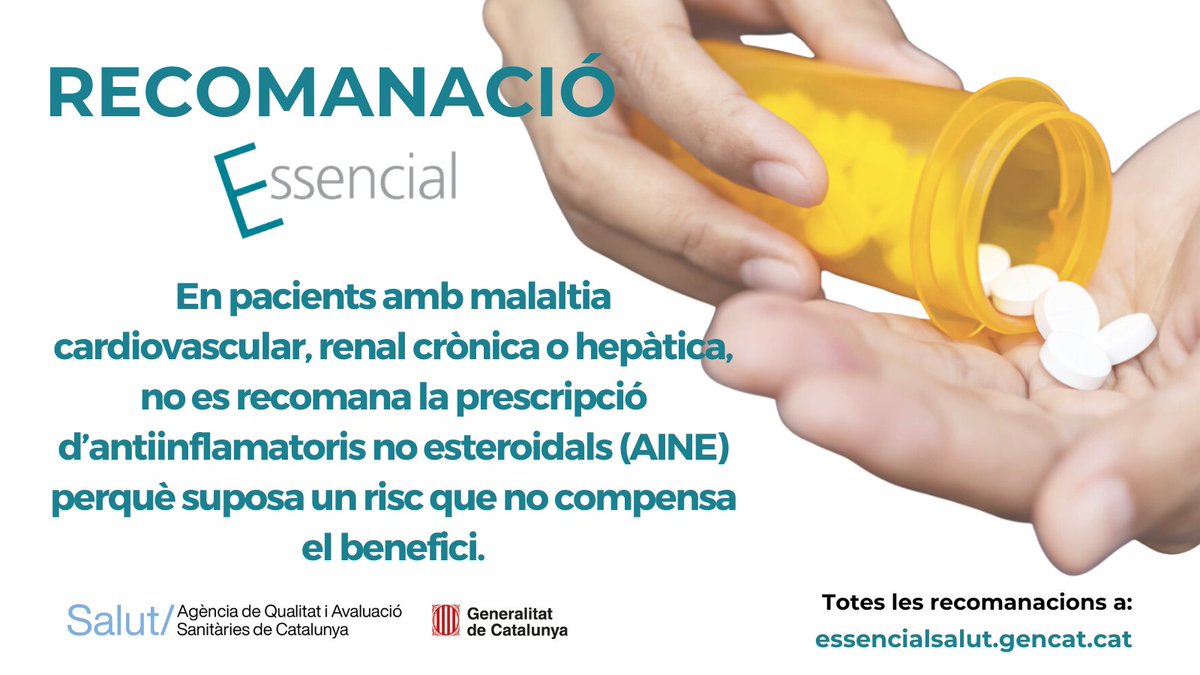 Ets professional de la salut? Aquesta recomanació de l'#EssencialSalut t'interessa!
 
🟢Desaconsellem l'ús regular d'AINE en pacients amb malaltia cardiovascular, renal crònica o hepàtica pel risc més gran d’efectes adversos.
 
Consulta la recomanació⤵️

essencialsalut.gencat.cat/ca/detalls/Art…