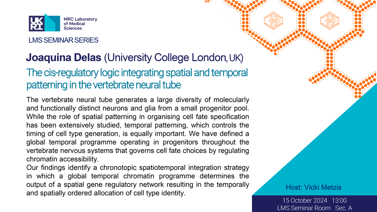 Delighted to be hosting <a href="/joadelas/">Joaquina Delas</a> today <a href="/MRC_LMS/">MRC Laboratory of Medical Sciences (LMS)</a> <a href="/ImperialMed/">Imperial Medicine</a>! Looking forward to hearing all about her latest work and new lab <a href="/LMCB_UCL/">UCL Laboratory for Molecular Cell Biology</a> supported by <a href="/wellcometrust/">Wellcome</a> #enhancerlogic #neuraltube #timing